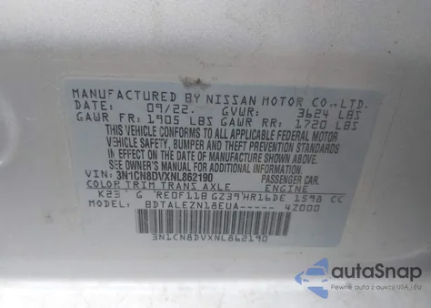 2022 Nissan Versa 1.6 S Xtronic Cvt z USA, uszkodzony, nr VIN 3N1CN8DVXNL862190